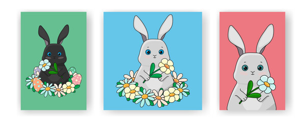 A set of illustrations, an Easter bunny with flowers. Vector illustration