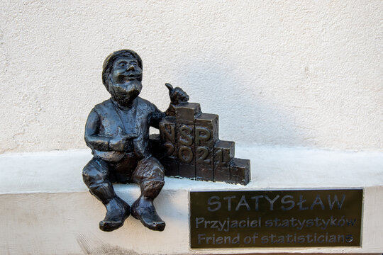 Wroclaw, Poland - November 12, 2022: Sculpture of a gnome named Statysław on the Oławska street. The inscription on the sculpture in Polish: Statysław friend of statisticians