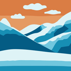 Minimalist retro panorama, vector hills landscape covered with snow