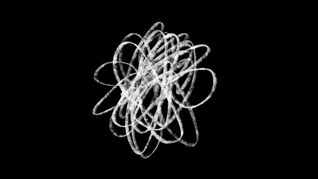 Tangled chaotic doodle circle drawing circles or tangled thoughts on a black background. white spherical lines on a black background, abstract background, animation.
