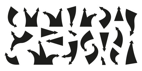 Obraz premium Black attack arrows. Pointer silhouettes war battle infographic elements for retro map, simple flat tactic cursor icons. Vector isolated collection of arrow symbol black design illustration
