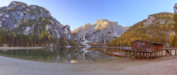 Scenic view of Lago di Braies against clear sky