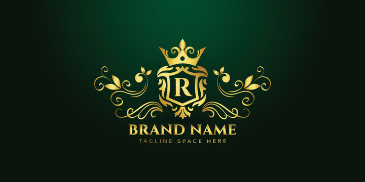R Letter Alphabet Gold Luxury Vintage Monogram Floral Decorative Logo With Crown Design Template Premium Vector. Logotype For Uses In Different Spheres. Fashion, Royalty, Boutique.