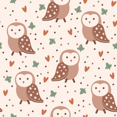 Seamless pattern with cute hand drawn owls, hearts and leaves. Vector illustration.