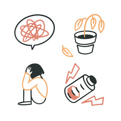 Set of vector stickers about sadness, depression, stress, hopelessness. Bubble with confused thoughts, withering plant, sad girl, low battery. Vector doodle cartoon outline style icon.