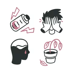 Fotobehang A set of stickers on the topic of depression, burnout, mental health, psychology. Low energy, crying person, withered plant, face covered with hands. Vector dood cartoon style © Sashakasha