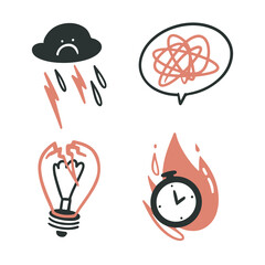 A set of stickers about sadness, apathy, stress, emotional problems. Contact a psychologist. mental health. A sad cloud, a bubble with confused thoughts, a deadline, a loss of time, a broken lamppost,