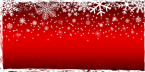 Christmas and New Year greeting card with snowflakes and snow on red background. Winter holiday invitation card. Stock vector illustration.