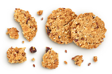 Granola cookie isolated on white background with full depth of field. Top view. Flat lay.