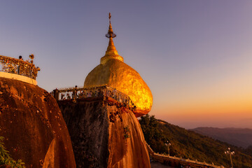 View of Kyaiktiyo Pagoda at sunset. Golden rock. Myanmar. Burma