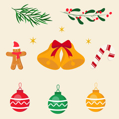 Christmas set, cute seasonal elements, vector illustration in flat style