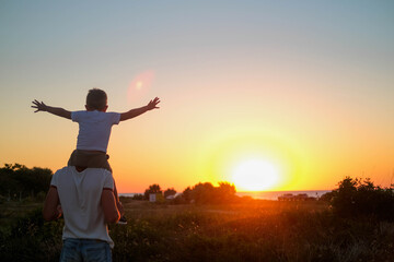 Fototapeta premium Dad carries a little son on his shoulders walking across the field against the backdrop of a sunset in the sky, back view