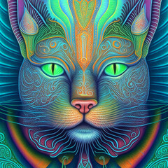 Fantasy cat, meditation cat, teal cat, fantasy ornate cat, turquoise, spirituality, meditation, illustration, digital