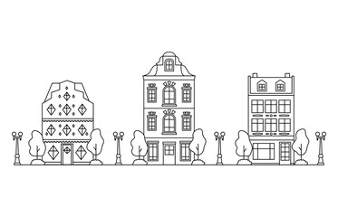 Obraz premium European houses.Amsterdam buildings row.Street of the city in outline style.Neighborhood line house. Dutch homes in the Netherlands.Apartment building.Isolated on white background.