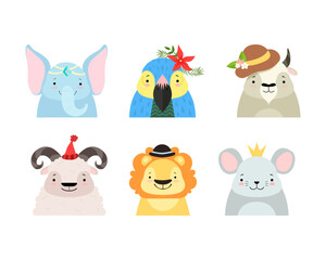 Naklejka premium Cute Baby Animals with Smiling Snouts Wearing Headdress Vector Set