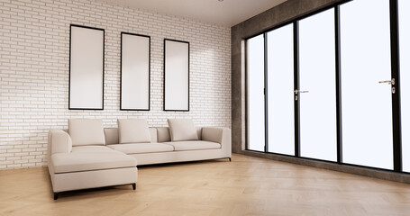 living room loft interior with sofa and Wall pattern brick in white wall. 3d rendering