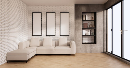 living room loft interior with sofa and Wall pattern brick in white wall. 3d rendering