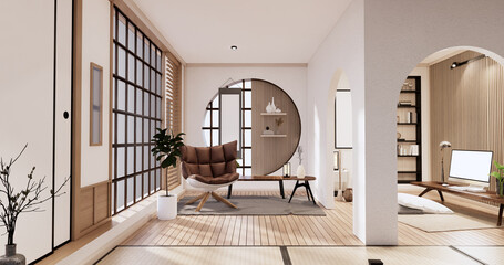 Minimalist wabi sabi interior mock up design, room muji sytle. 3D rendering.