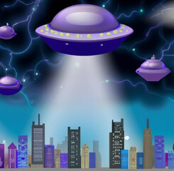 Abstract painting depicting a futuristic city at night with skyscrapers and ufos on the sky, abstract digital art painting © Hamik