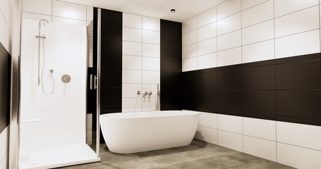 Fototapeta na wymiar Granite Tiles white and black wall design Toilet, room modern style. 3D illustration rendering