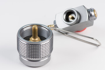 Fittings for gas cylinder on white background.