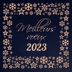 Fototapeta na wymiar Square wish card 2023 written in French in gold font with a lot of golden stars on a starry blue background - 