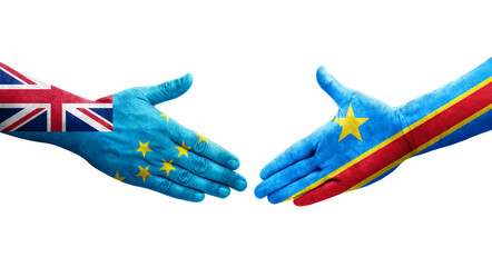 Handshake between Tuvalu and Dr Congo flags painted on hands, isolated transparent image.