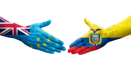 Handshake between Tuvalu and Ecuador flags painted on hands, isolated transparent image.