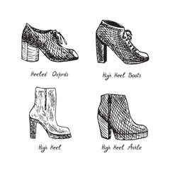 Heeled Oxfords, High Heel Boots, High Heel, High Heel Ankle, isolated hand drawn outline doodle, sketch, black and white vector illustration with inscription - 545485931