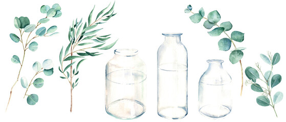 Watercolor eucalyptus branch set with glass bottle, vase, jar. Willow, silver dollar, true blue and seeded eucalyptus. Watercolor hand drawn botanical illustration isolated on white background. Can be © Tatiana