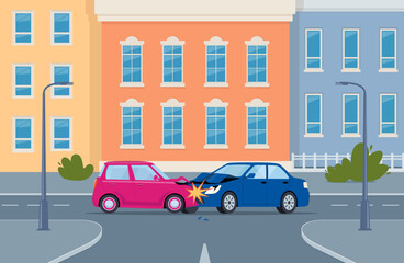 Car accident. Damaged transport on city street. Collision of two cars, side view. Road collisition. Damaged transport. Collision on road, safety of driving personal vehicles, car insurance. Vector.