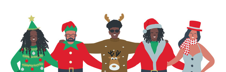 Christmas party. Young people wearing Christmas costumes. Best friends hug. There is Santa Claus, Christmas tree, Elf, Snowman and Deer in the picture. Diverse group of people. Vector illustration