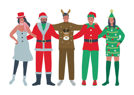 Christmas party. Young people wearing Christmas costumes. Best friends stand together and hug. There is Santa Claus, Christmas tree, Elf, Snowman and Deer in the picture. Vector illustration