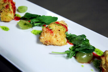 A plate with snacks made of grilled ingredients with sauce and vegetables