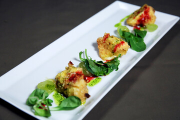 A plate with snacks made of grilled ingredients with sauce and vegetables