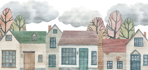 Watercolor print with  houses. Vintage hand drawn illustration © natikka