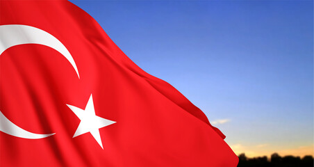 National flag of Turkey on background of a sunset. National holidays background