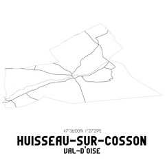 HUISSEAU-SUR-COSSON Val-d'Oise. Minimalistic street map with black and white lines.