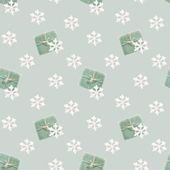 Obraz na płótnie Canvas Christmas seamless pattern. Snowflakes and gift boxes on a light green background.