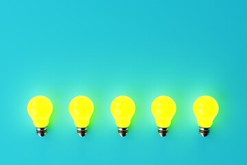 Several illuminated yellow light bulbs on a blue background. The concept of the formation of ideas, creativity, problem solving. 3d render