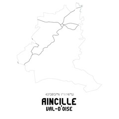 AINCILLE Val-d'Oise. Minimalistic street map with black and white lines.
