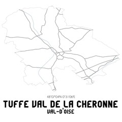 TUFFE VAL DE LA CHERONNE Val-d'Oise. Minimalistic street map with black and white lines.