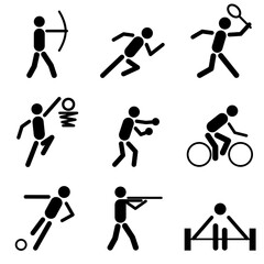 Set of vector icons about sports. Archery, athletics, badminton, basketball, boxing, cycling, football, shooting, weightlifting symbols.