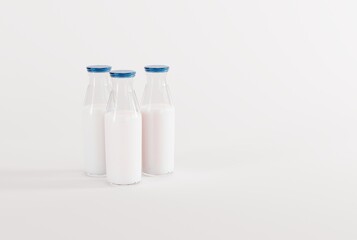 Retro bottles with milk on a light background. The concept of drinking milk, healthy eating. 3D render, 3D illustration.