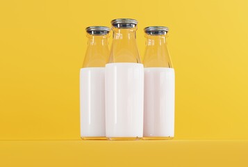 Retro bottles with milk on a yellow background. The concept of drinking milk, healthy eating. 3D render, 3D illustration.
