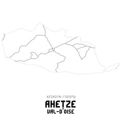 AHETZE Val-d'Oise. Minimalistic street map with black and white lines.