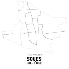 SOUES Val-d'Oise. Minimalistic street map with black and white lines.