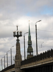 wiew of St. Peter's Church and Stone Bridge, Riga Latvia