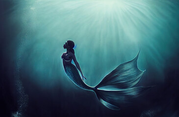 Beautiful black mermaid in the water. Randomly generated not based on a real person. Raster Illustration   © ReisMedia