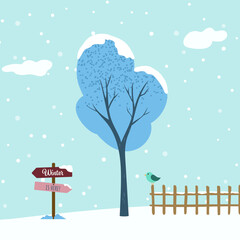 Winter landscape flat background with tree, snow and bird. Christmas environment with signs and fence.